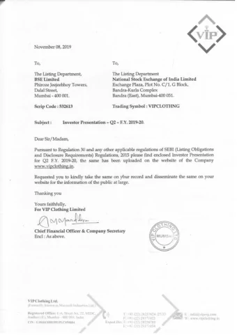 ( viP )  V  N'ovember08,2019  To,  To,  The Listing Department,  The Listing Department National
