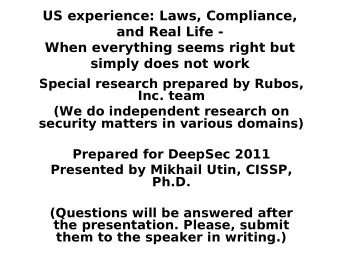 US experience: Laws, Compliance,  and Real Life -  When everything seems right but  simply does not