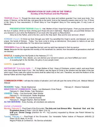 PRESENTATION OF OUR LORD IN THE TEMPLE  - Sunday of the Publican and the Pharisee TROPAR (Tone 1):