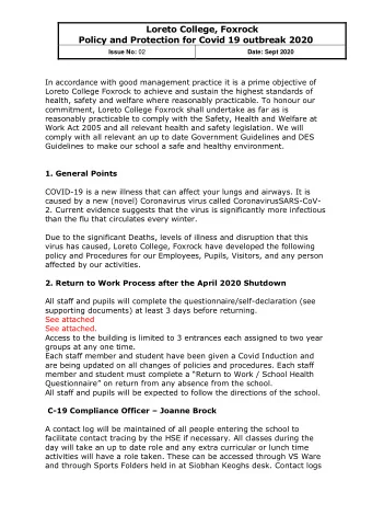 Loreto College, Foxrock Policy and Protection for Covid 19 outbreak 2020 Issue No: 02  Date: Sept