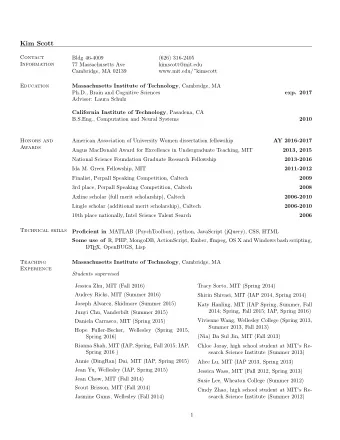 Kim Scott  Contact  Bldg 46-4009  (626) 316-2405  Information  77 Massachusetts Ave