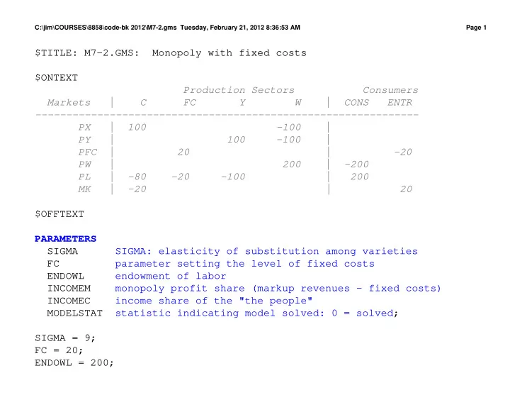 title m7 2 gms monopoly with fixed costs ontext
