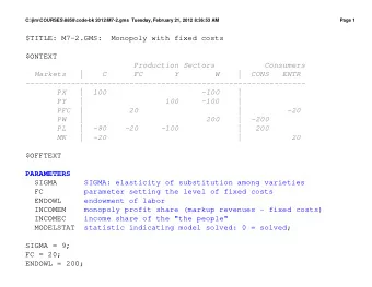 $TITLE: M7-2.GMS:  Monopoly with fixed costs  $ONTEXT  Production Sectors           Consumers