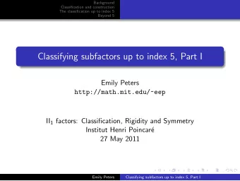 Classifying subfactors up to index 5, Part I  Emily Peters  http://math.mit.edu/~eep II 1 factors: