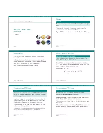 Recap  MDM4U: Mathematics of Data Management  Example  In how many ways can six marbles be arranged