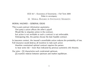 16. Moral Hazard in Insurance Markets  MORAL HAZARD  GENERAL IDEAS  This is post-contract