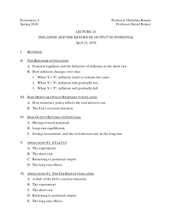 Economics 2  Professor Christina Romer  Spring 2016  Professor David Romer  LECTURE 24  INFLATION