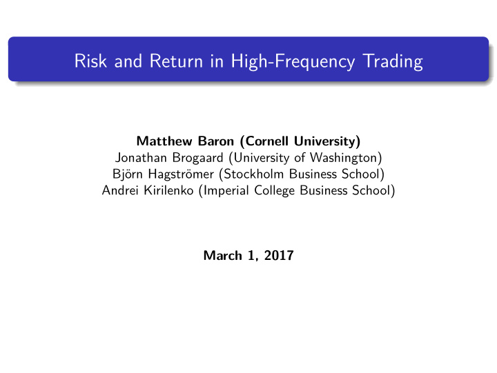risk and return in high frequency trading