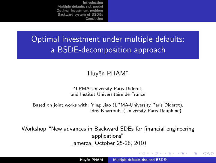 optimal investment under multiple defaults a bsde