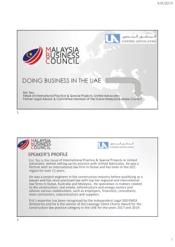 DOING BUSINESS IN THE UAE  Eric Teo  Head of International Practice &amp; Special Projects, United