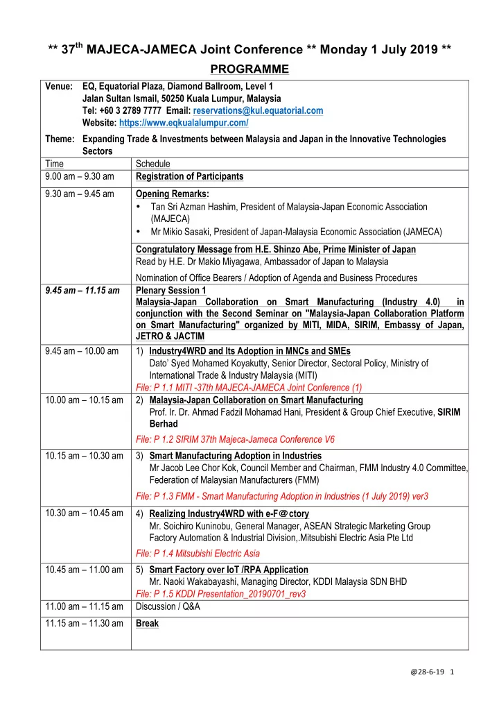 37 th majeca jameca joint conference monday 1 july 2019