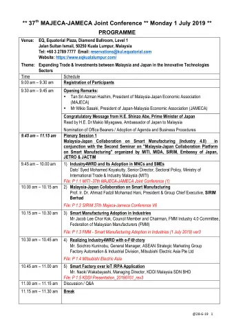 ** 37 th MAJECA-JAMECA Joint Conference ** Monday 1 July 2019 **  PROGRAMME  Venue: EQ, Equatorial