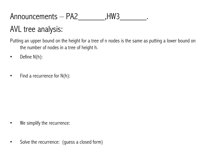 announcements pa2 hw3 avl tree analysis
