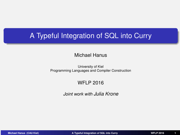 a typeful integration of sql into curry