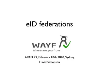 eID federations  APAN 29, February 10th 2010, Sydney  David Simonsen  Today's menu    eID