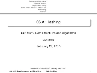 06 A: Hashing  CS1102S: Data Structures and Algorithms  Martin Henz  February 23, 2010 Generated on