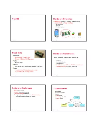 TinyOS  Hardw are Evolution   Miniature hardware devices manufactured  economically in large