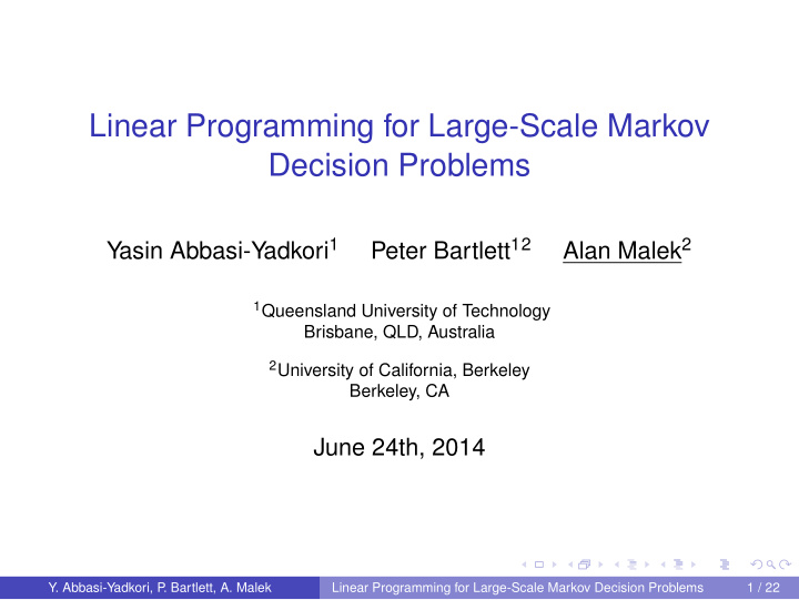 linear programming for large scale markov decision