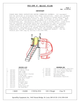 902-282: SPIRAL SLIDE P-1 Rev. 07/22/03  PARTS LIST  KKJJJ  SPECIFICATIONS  Ref  Description  QTY