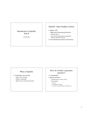 OpenGL: Open Graphics Library   Graphics API  Introduction to OpenGL  ( Application Programming