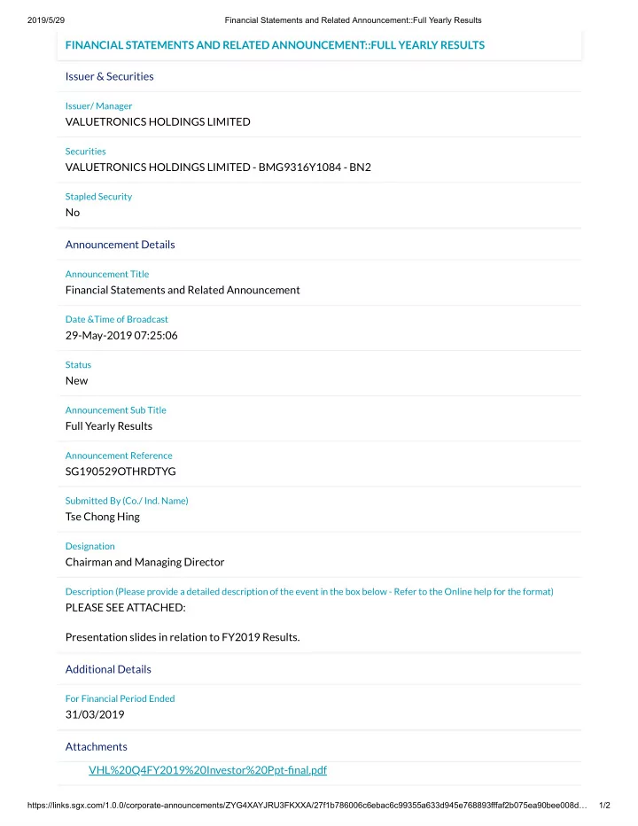 financial statements and related announcement full yearly