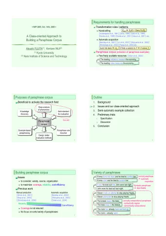 Requirements for handling paraphrases  Transformation rules / patterns  &lt; IWP 2005, Oct. 14th,