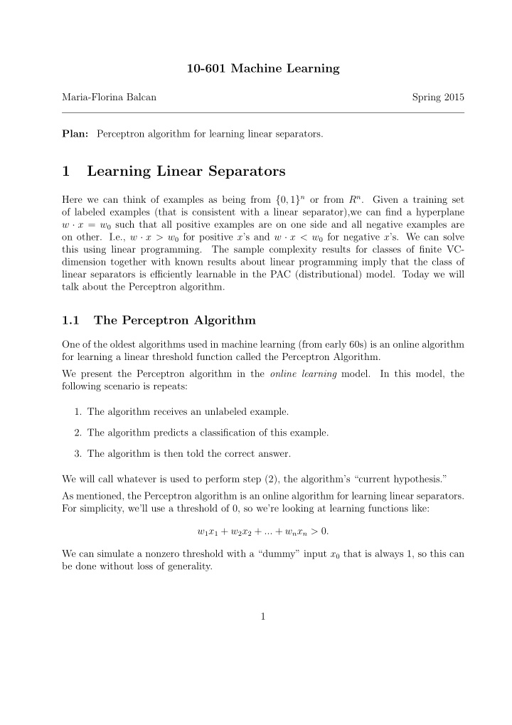 1 learning linear separators