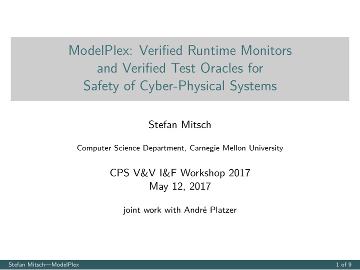 modelplex verified runtime monitors and verified test