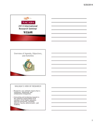 WELKOM  Research is any scholarly inquiry that is  systematic, intentional, and  collaborative