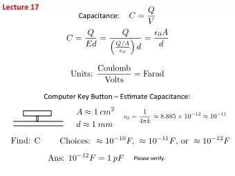 Lecture  17   C = Q  Capacitance:    V C = Q  Q =  0 A Ed =      d  Q/A  d  0