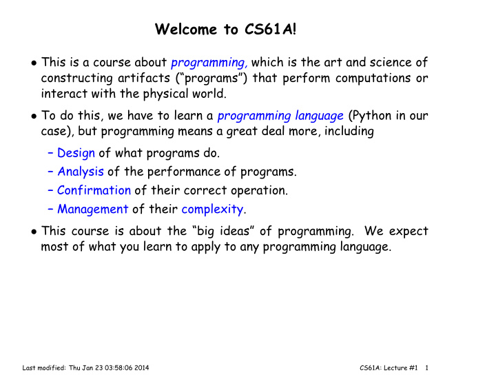 welcome to cs61a
