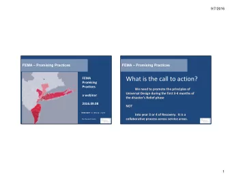 What is the call to action?  FEMA  Promising  Practices  We need to promote the principles of