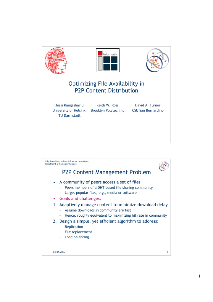 optimizing file availability in p2p content distribution