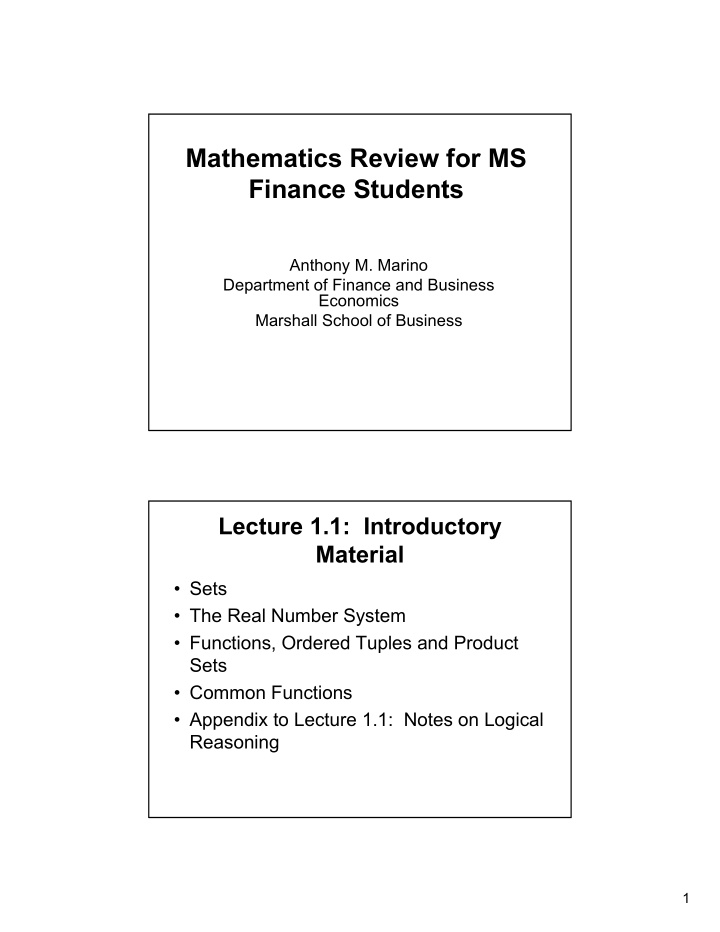 mathematics review for ms finance students