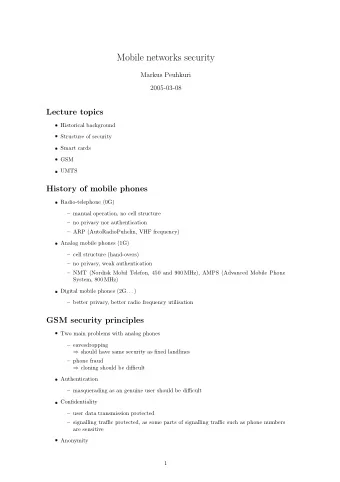Mobile networks security  Markus Peuhkuri  2005-03-08  Lecture topics  Historical background