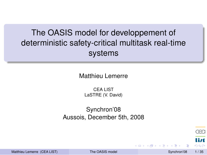 the oasis model for developpement of deterministic safety