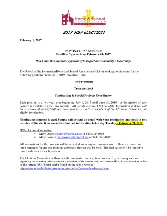 2017 HSA ELECTION  February 1, 2017  NOMINATIONS NEEDED!  Deadline Approaching: February 21, 2017