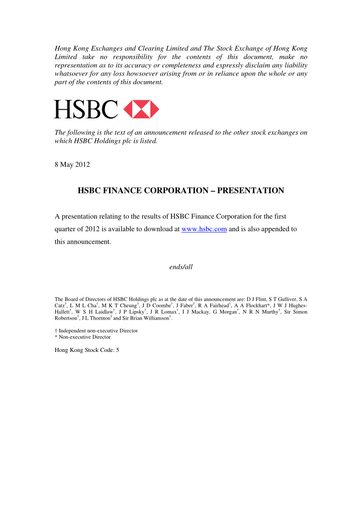 hsbc finance corporation presentation