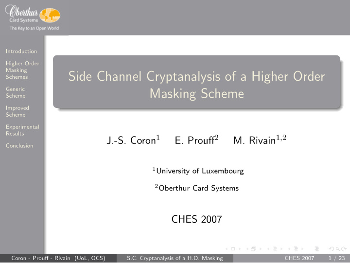 side channel cryptanalysis of a higher order