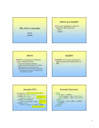 XPATH and XQUERY  Two query language to search for  features in XML documents  XML Query