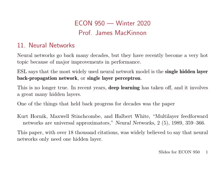 econ 950 winter 2020 prof james mackinnon 11 neural