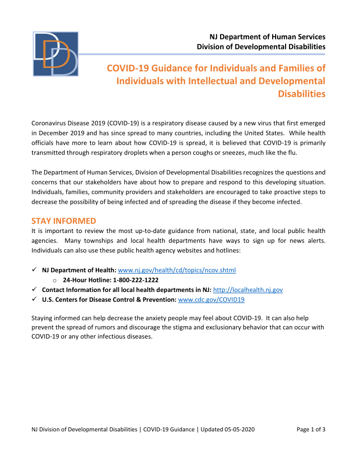 covid 19 guidance for individuals and families of