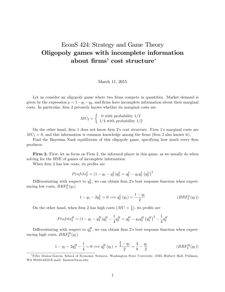 econs 424 strategy and game theory oligopoly games with