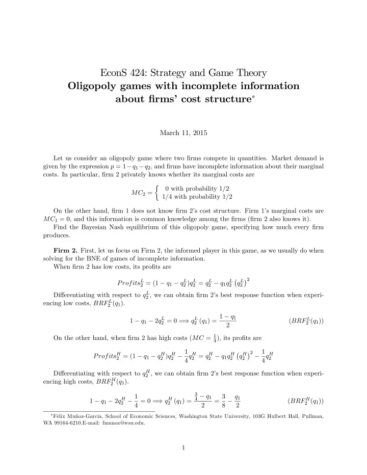 econs 424 strategy and game theory oligopoly games with