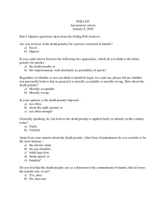 POLI 203  Anonymous survey  January 8, 2020  Part I. Opinion questions taken from the Gallup Poll