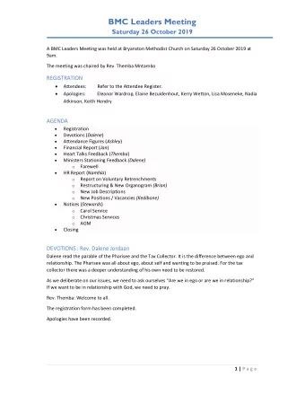 BMC Leaders Meeting  Saturday 26 October 2019  A BMC Leaders Meeting was held at Bryanston