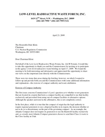 LOW-LEVEL RADIOACTIVE WASTE FORUM, INC. 1619 12 TH Street, N.W.  Washington, D.C. 20009  (202)