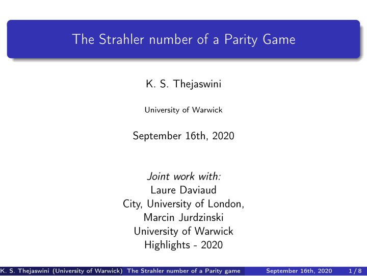 the strahler number of a parity game