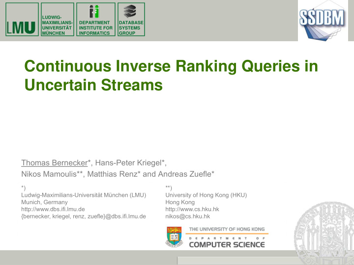 continuous inverse ranking queries in uncertain streams