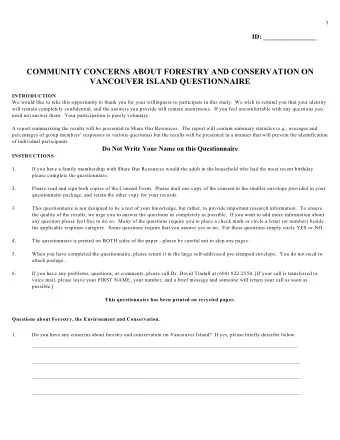 COMMUNITY CONCERNS ABOUT FORESTRY AND CONSERVATION ON  VANCOUVER ISLAND QUESTIONNAIRE  INTRODUCTION